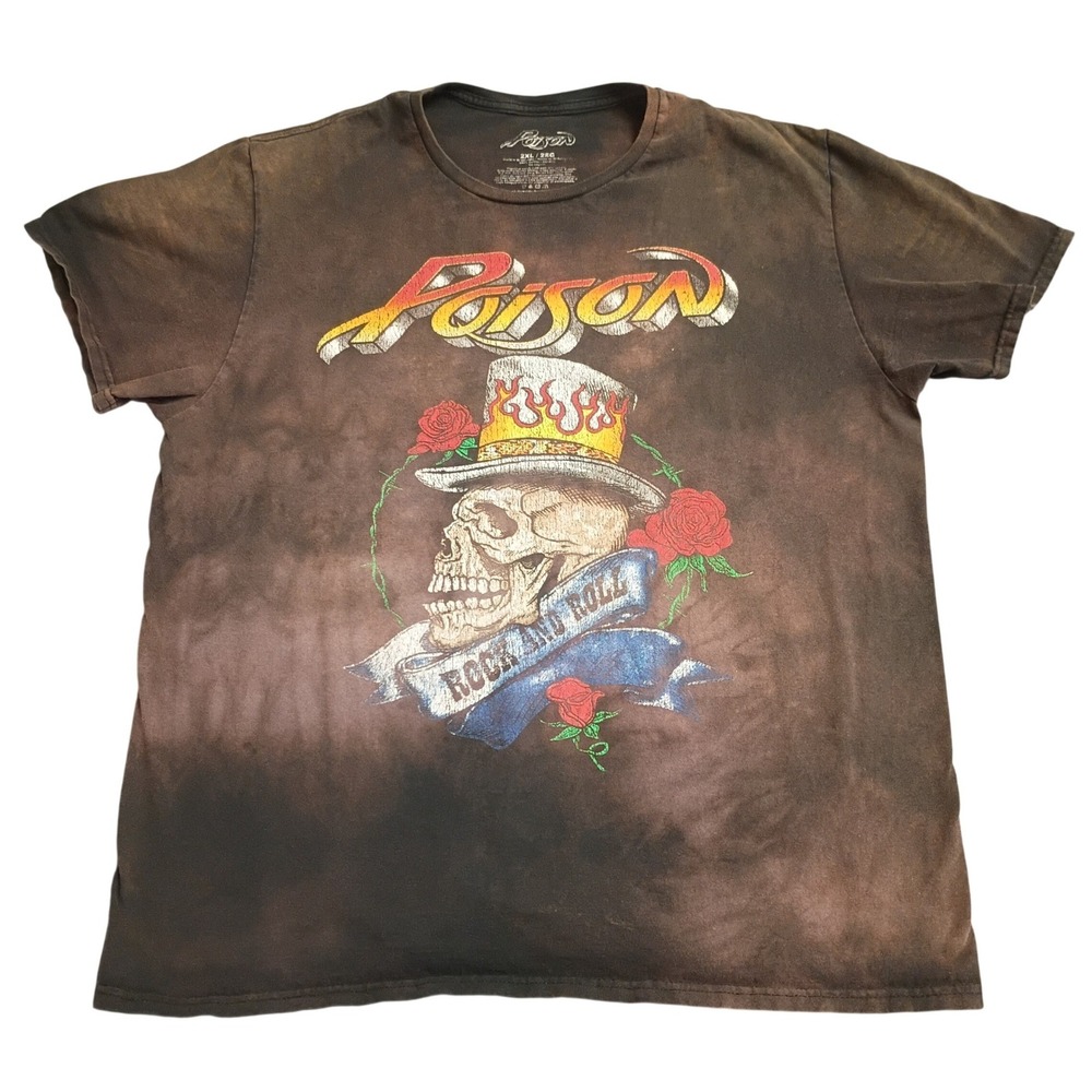 Poison Graphic T-Shirt Mens 2XL Brown Tie Dye Skull Roses Rock Band Tee